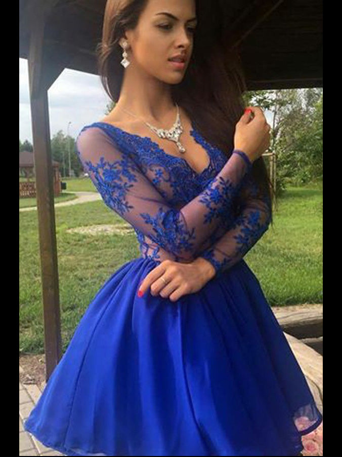Royal Blue Homecoming Dress A-line V Neck Appliques Chiffon Short Prom