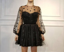 Long Sleeve Homecoming Dresses Stars Lace Short Black Prom Dress Party Dress JK569|Annapromdress