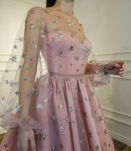 Long Sleeve Homecoming Dresses Stars Lace Short Black Prom Dress Party Dress JK569|Annapromdress