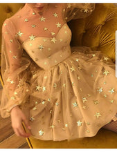 Long Sleeve Homecoming Dresses Stars Lace Short Black Prom Dress Party Dress JK569|Annapromdress