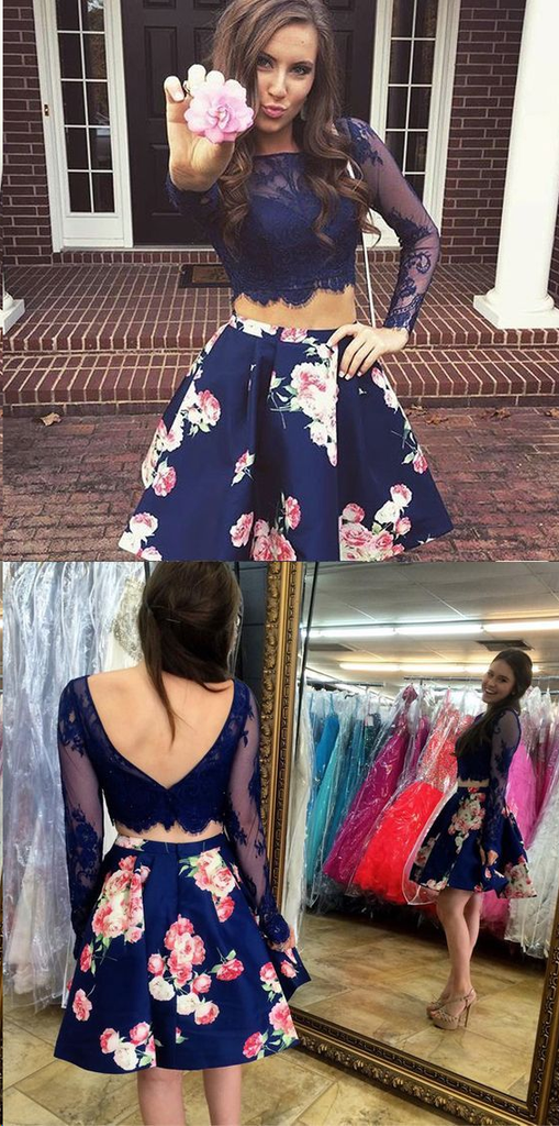 two piece homecoming dresses floral Two Piece Homecoming Dresses Floral Print Long Sleeve Short Prom Dress  Party Dress JK588|Annapromdress – Anna PromDress