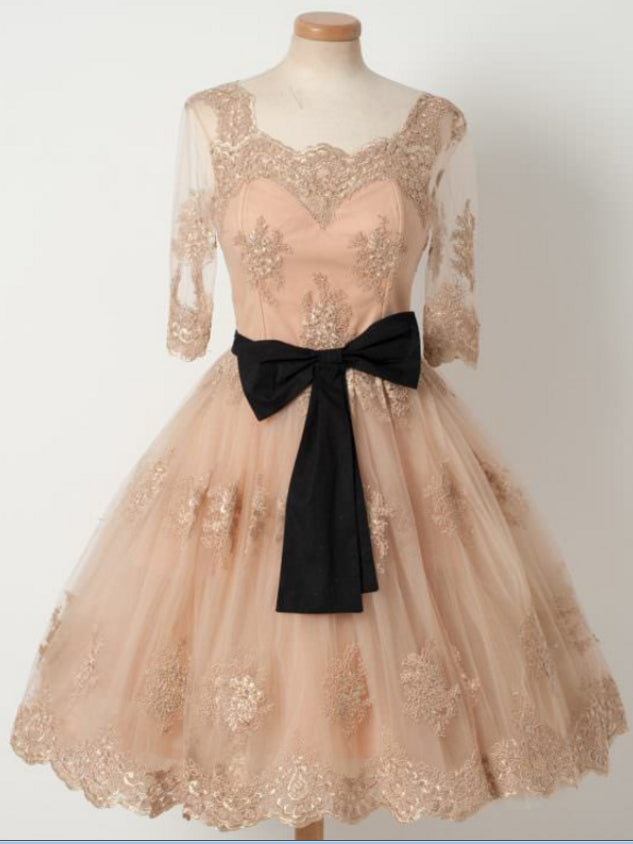 Half Sleeve Ball Gown Homecoming Dresses Lace Short Prom Dress Sexy Party Dress JK624|Annapromdress
