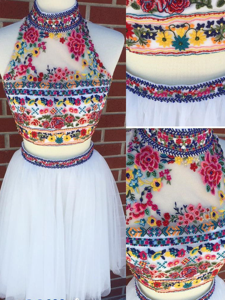 Two Piece Homecoming Dresses High Neck Embroidery Short Prom Dress Party Dress JK664|Annapromdress