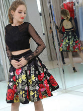 Two Piece Homecoming Dresses Little Black Dress Floral Print Short Prom Dress Party Dress JK677|Annapromdress