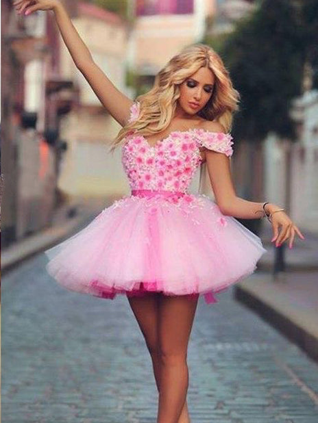 Beautiful Homecoming Dresses Hand-Made Flower Pink Short Prom Dress Party Dress JK705|Annapromdress
