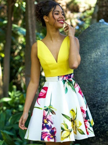 Cute Floral Print Homecoming Dresses V neck Chic Short Prom Dress Party Dress JK706|Annapromdress