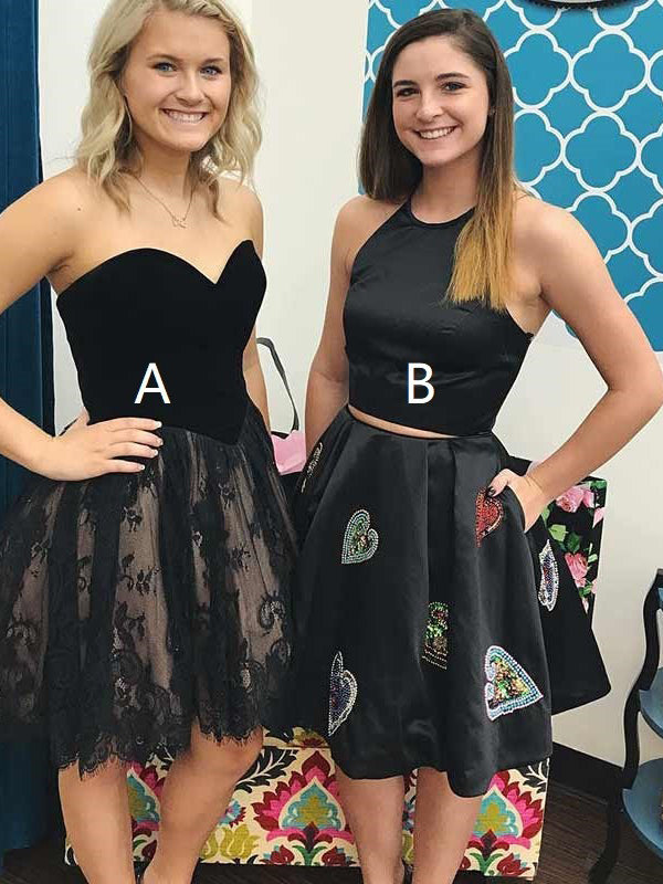 Two Piece Homecoming Dresses Little Black Dress Lace Short Prom Dress Party Dress JK756|Annapromdress