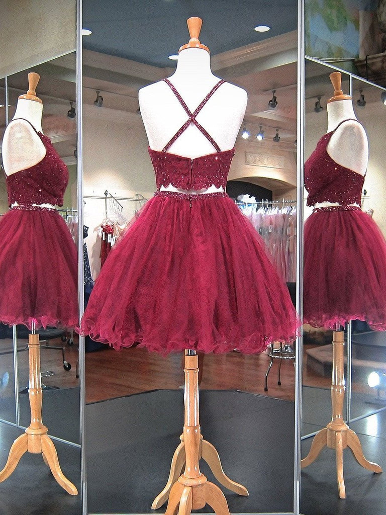 Burgundy two pieces short prom dress, cute and minimalist homecoming dress main image 1