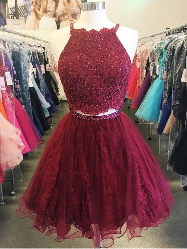 Two Piece Homecoming Dresses A-line Lace Burgundy Short Prom Dress Party Dress JK797|Annapromdress