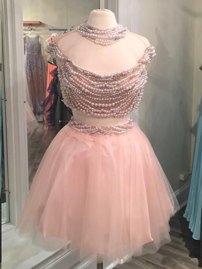 Two Piece Homecoming Dresses Pearl Pink Sparkly Short Prom Dress Beading Party Dress JK809|Annapromdress