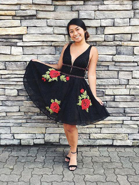 Little Black Dress Lace Homecoming Dresses Embroidery Short Prom Dress Party Dress JK813|Annapromdress