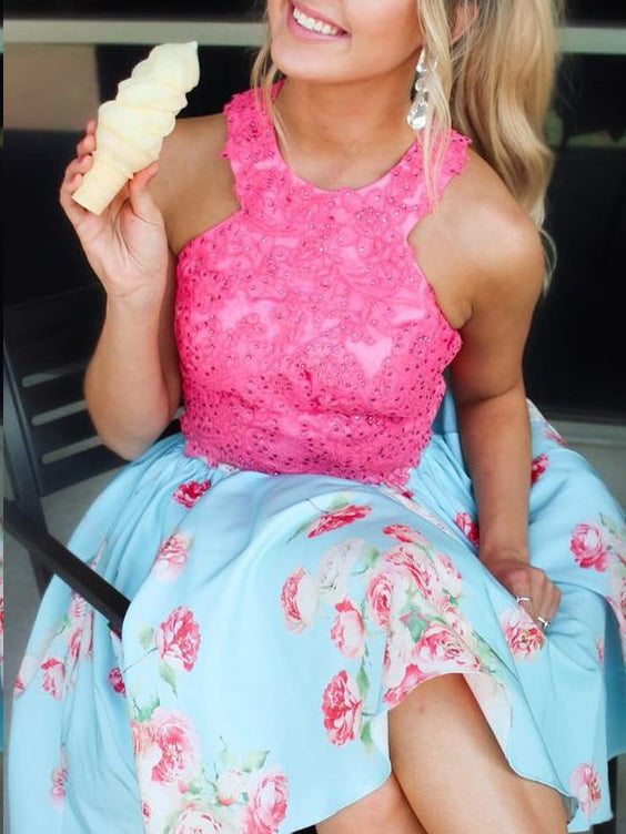 Two Piece Homecoming Dresses A-line Floral Print Hot Pink Short Prom Dress Party Dress JK831|Annapromdress