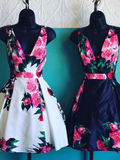 Open Back Homecoming Dresses Aline Floral Print Short Prom Dress Party Dress  JK854|Annapromdress – Anna PromDress