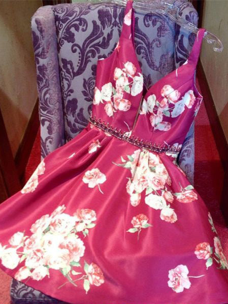 Floral Print Homecoming Dresses A-line Fuchsia Short Prom Dress Party Dress JK865|Annapromdress