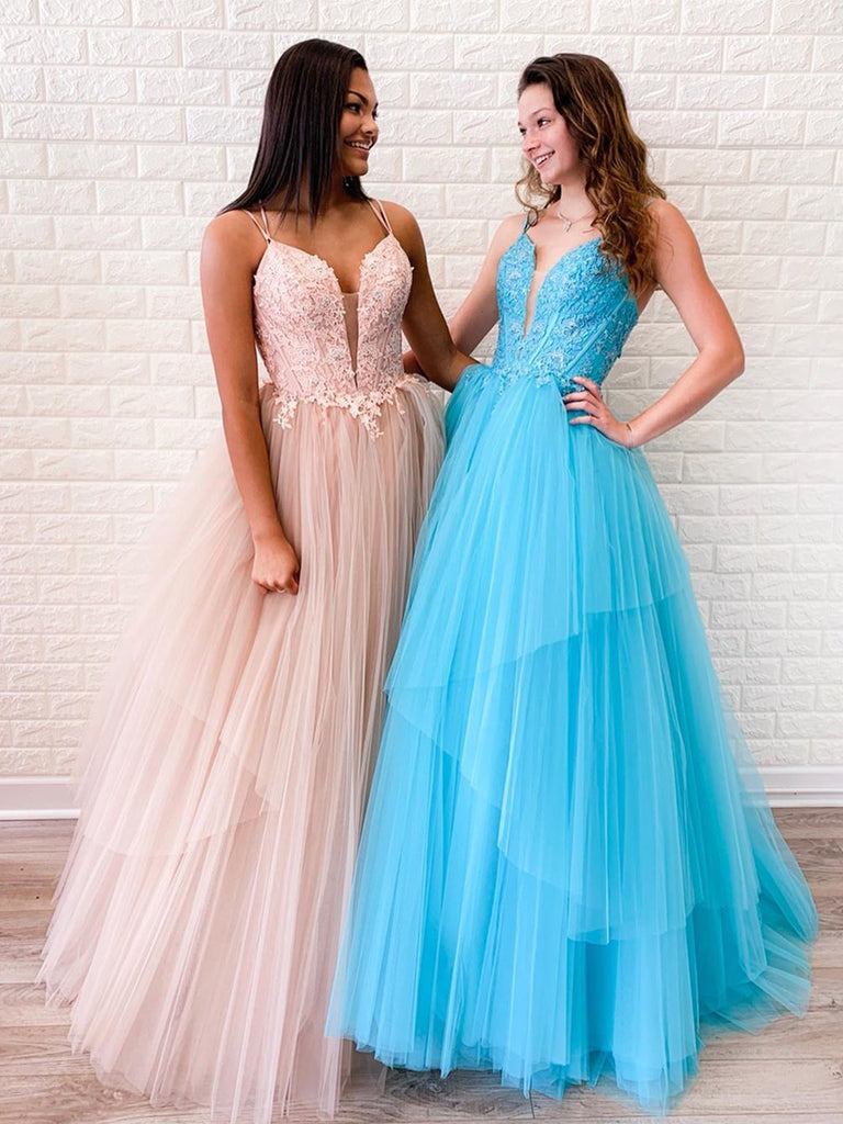 Spaghetti Strap V Neck Tulle Appliques Prom Dress LBQ0983