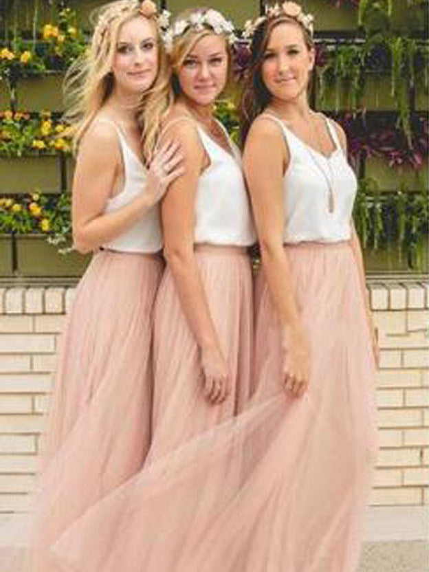 Bridesmaid Dresses Pink Tulle Cheap Scoop Long Bridesmaid Dresses #JKB007