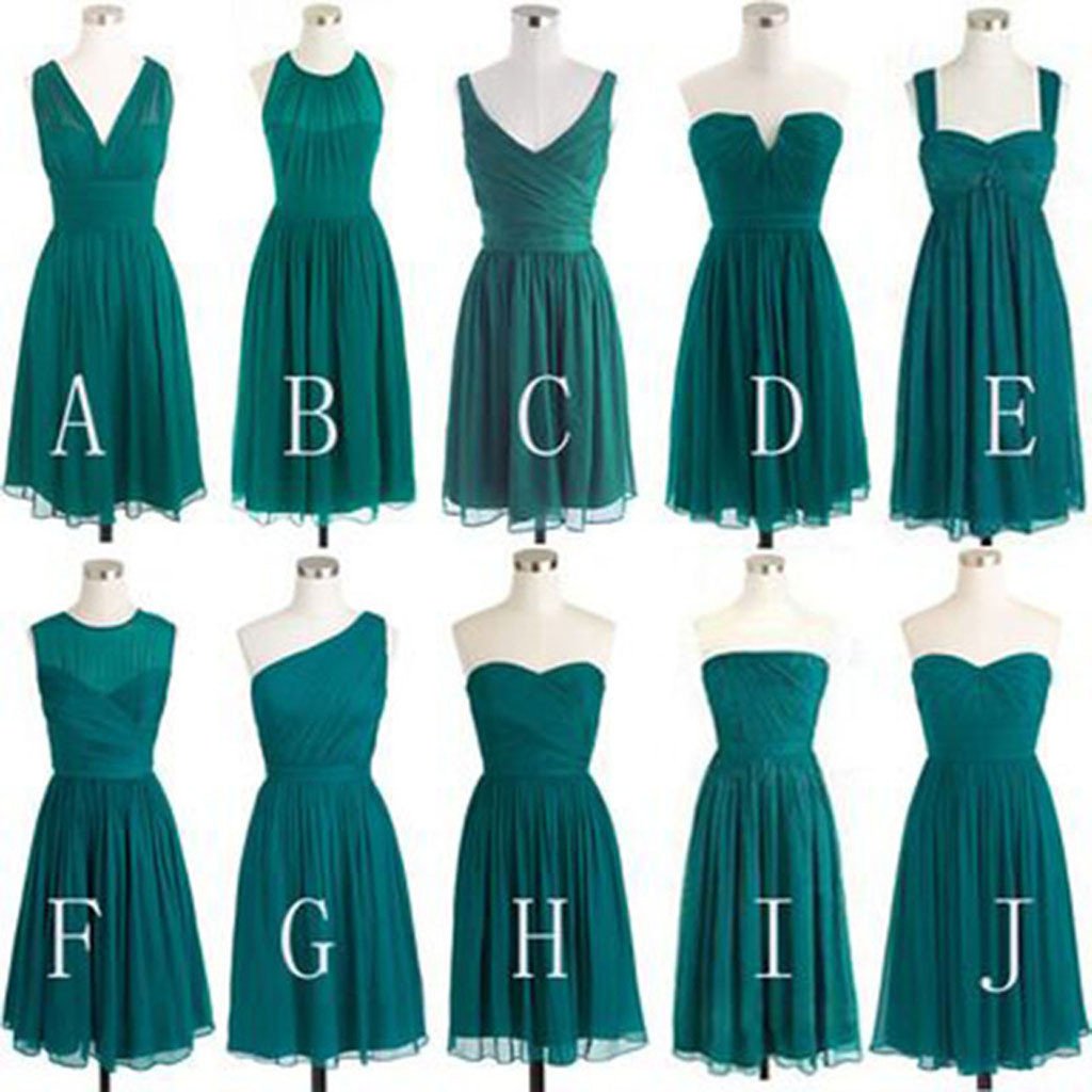 SMALAKAM Emerald Green Bridesmaid Dress - Short Sleeve, Pleated Chiffon, V-Neck, Floor Length