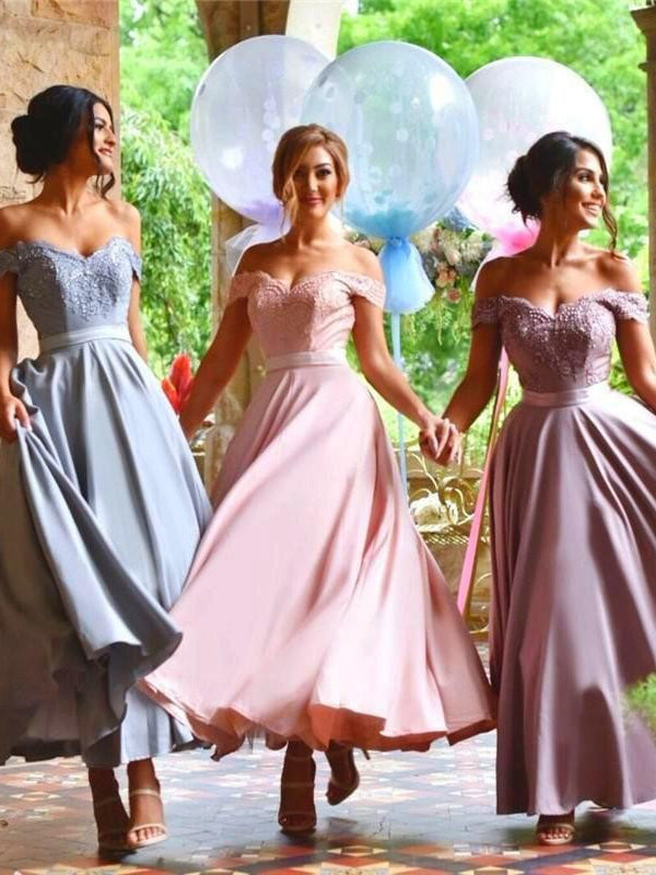 Chic Bridesmaid Dresses Off-the-shoulder Ankle-length Appliques Bridesmaid Dresses JKB064