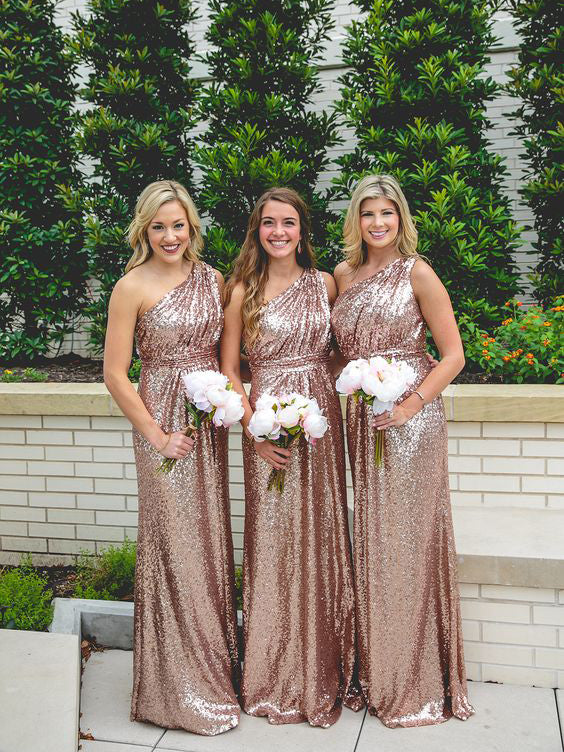 navy and rose gold bridesmaid dresses Sparkly Sequins Lace One Shoulder Blue Go – Anna PromDress LowStock:42705635409971
