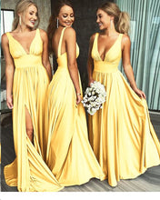 Cheap Bridesmaid Dresses with Deep Slit Aline Deep V Neck Long Gold Bridesmaid Dresses JKB087