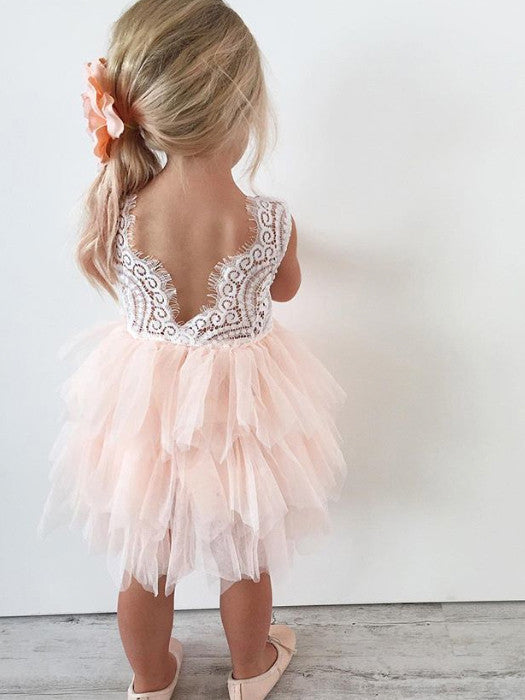2017 Flower Girl Dresses Cheap Pink White Lace Tulle JKF005