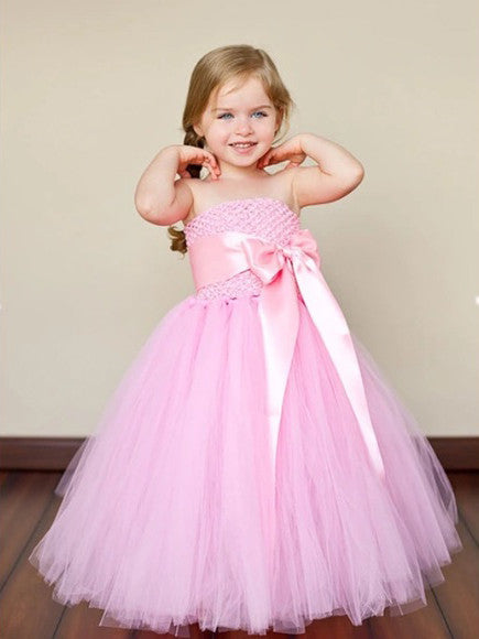 2017 Flower Girl Dresses Long Purpl Pink Bowknot Strapless Tulle JKF008