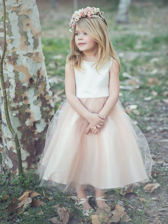 2017 Flower Girl Dresses Ivory and Champagne Bowknot Satin and Tulle JKF009
