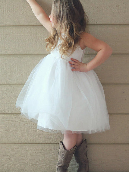 2017 Flower Girl Dresses Knee-length Lace Ivory Ribbons Belt Tulle JKF011
