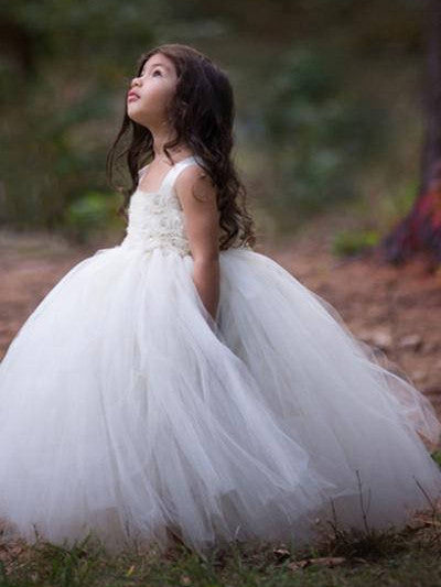 2017 Flower Girl Dresses Long Ball Gown Straps Hand-Made Flower Tulle JKF014
