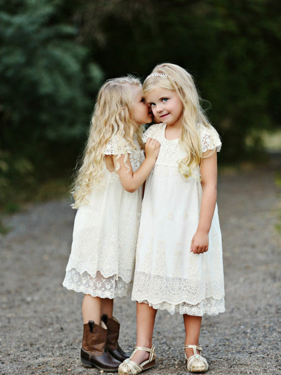 2017 Flower Girl Dresses Knee-length Lace Ivory Hand-Made Flower JKF016
