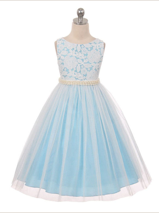 2017 Flower Girl Dresses Long White and Blue Lace Scoop Tulle JKF022