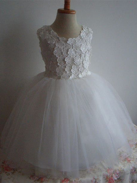 2017 Flower Girl Dresses Ball Gown White Hand-Made Flower Bowknot JKF026