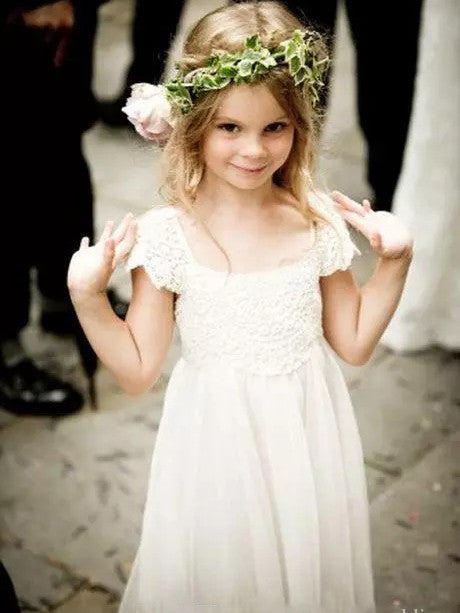 2017 Flower Girl Dresses Long A-line Lace Ivory Bowknot Chiffon JKF034
