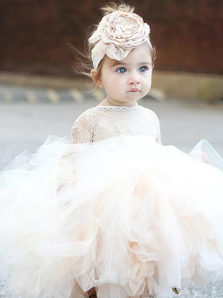 2017 Flower Girl Dresses Ball Gown Tea-length Lace Ivory Tulle JKF036