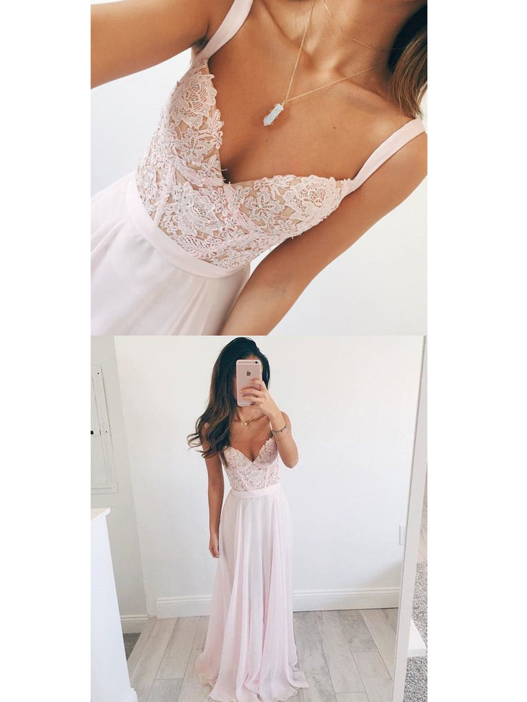 A-line V Neck Pleated Ruffle Chiffon Pink Floor Length Prom Dress