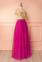 Fuchsia Prom Dresses Scoop Appliques Tulle Long Prom Dress/Evening Dress JKL069