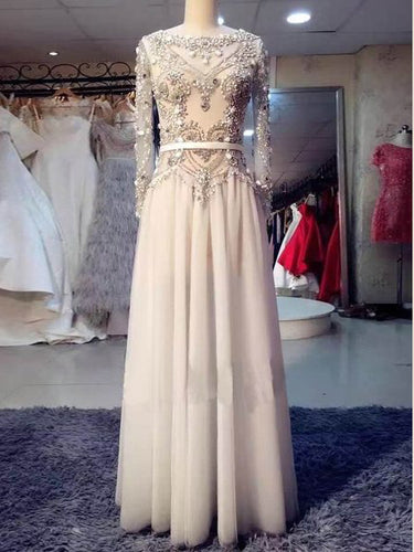 Long Sleeve Prom Dresses Bateau A-line Rhinestone Sparkly Long Prom Dress JKL1055|Annapromdress