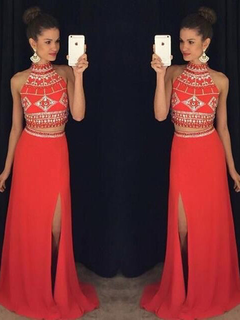 Two Piece Prom Dresses Sheath Column Halter Slit Prom Dress Sexy Evening Dress JKL1069|Annapromdress