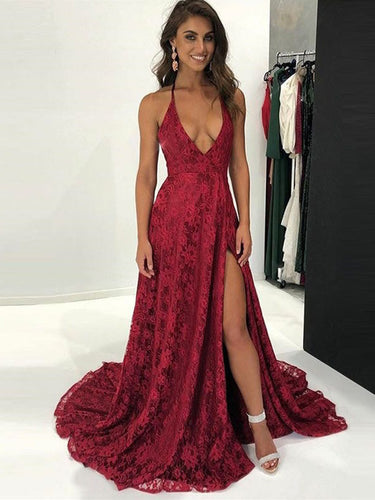 Open Back Prom Dresses Halter V-neck A Line Lace Burgundy Slit Sexy Prom Dress JKL1095|Annapromdress
