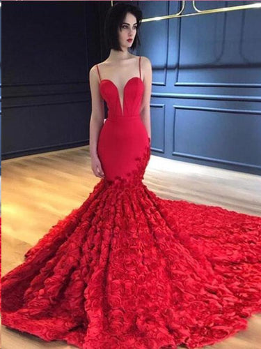 Red Mermaid Prom Dresses Spaghetti Straps Trumpet Sweep Train Rose Lace Prom Dress JKL1117|Annapromdress