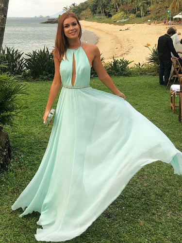 Cheap Prom Dresses Halter Aline Sage Sexy Long Simple Backless Prom Dress JKL1147|Annapromdress
