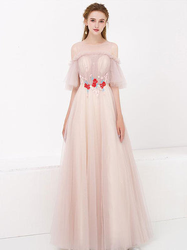 Half Sleeve Fairy Prom Dresses A-line Floor-length Tulle Long Simple Prom Dress JKL1172|Annapromdress