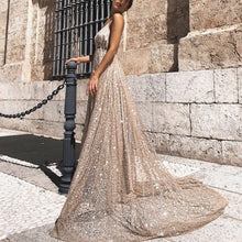 Open Back Prom Dresses A Line Spaghetti Straps Gold Sweep Train Sparkly Prom Dress JKL1180|Annapromdress