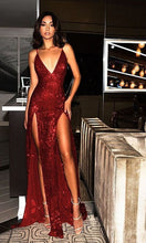 Sparkly Prom Dresses Burgundy V-neck Long Prom Dress with Slit Sexy Evening Dress JKL1185|Annapromdress