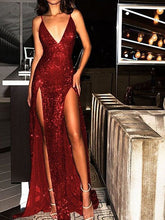 Sparkly Prom Dresses Burgundy V-neck Long Prom Dress with Slit Sexy Evening Dress JKL1185|Annapromdress