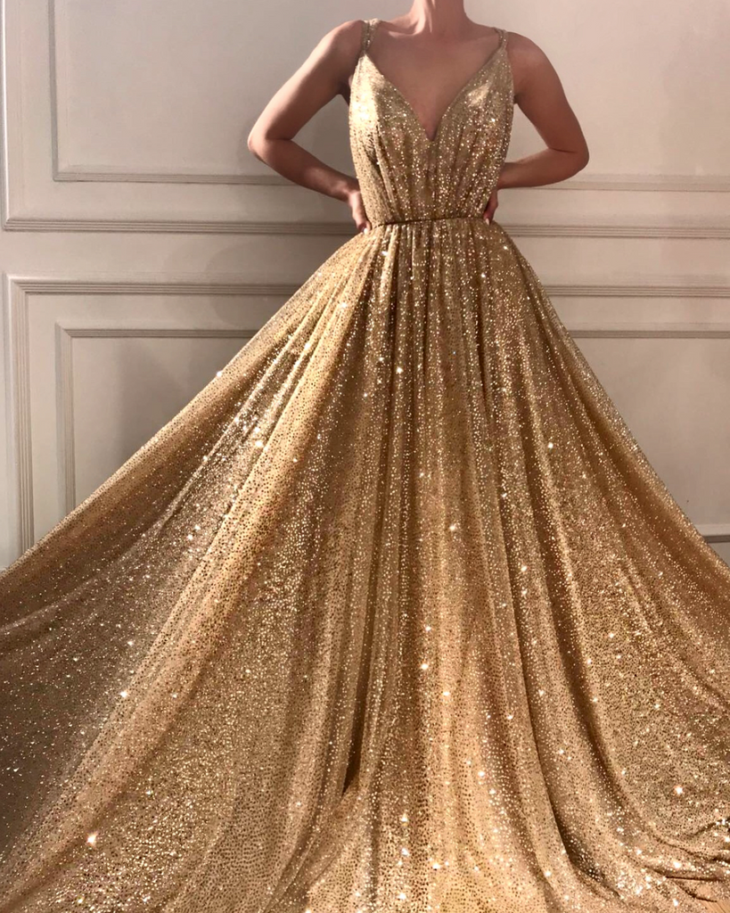 Sparkly Prom Dresses Spaghetti Straps A-line Gold Bling Long Sexy Prom