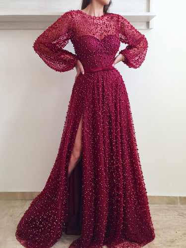Long Sleeve Prom Dresses A-line Long Burgundy Lace Beading Sparkly Slit Prom Dress JKL1195|Annapromdress