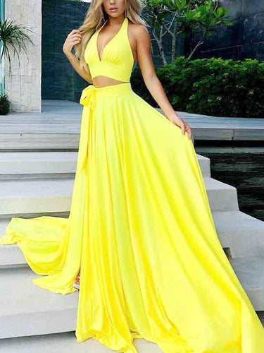Two Piece Prom Dresses A Line Yellow Simple Cheap Long Prom Dress Sexy Evening Dress JKL1247|Annapromdress