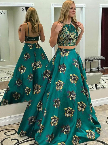 Two Piece Prom Dresses A Line Floral Print Long Prom Dress Sexy Evening Dress JKL1254|Annapromdress