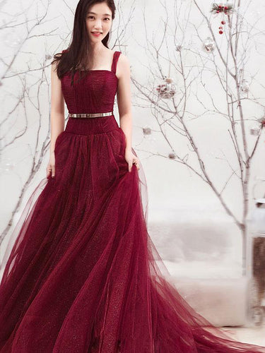 Long Prom Dresses Straps Aline Sexy Sweep Train Burgundy Lace Prom Dress JKL1274|Annapromdress